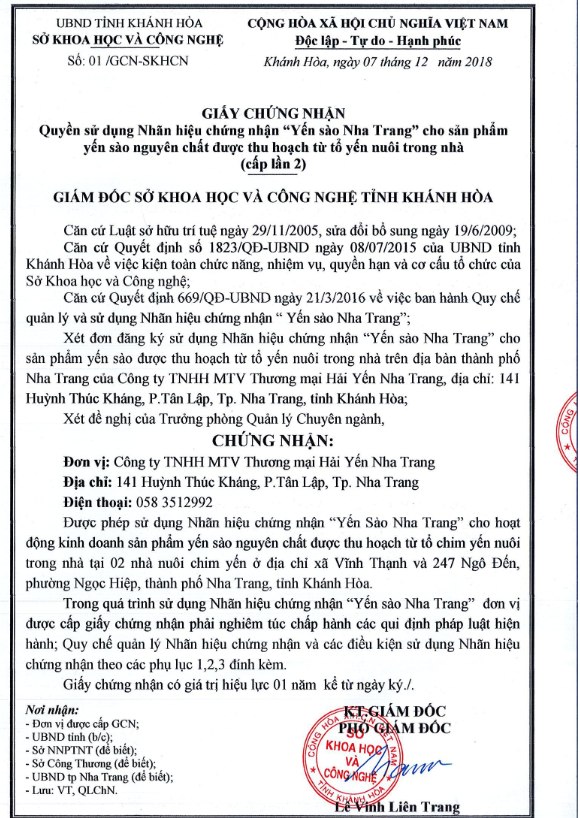The Hai Yen is recognized Trademark " Nha Trang Salanganes' nest " for the 2nd in a row
