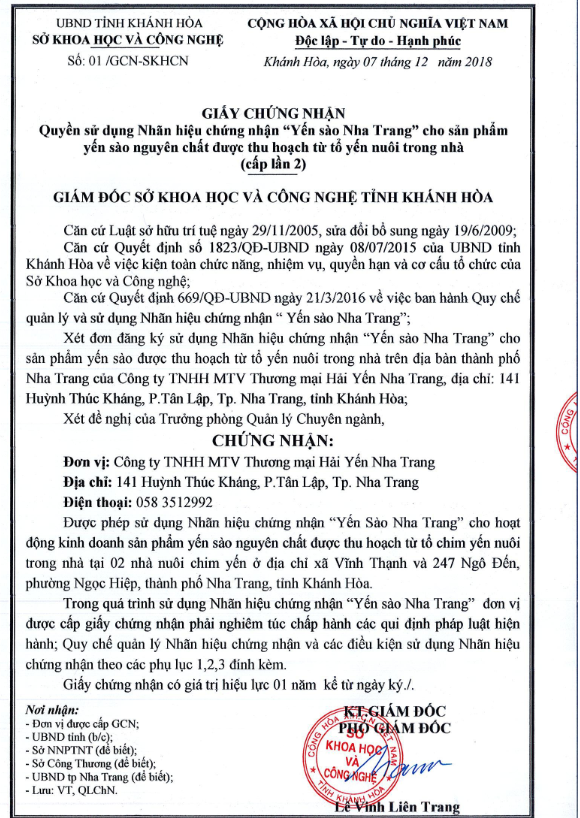 Lần thứ 2 liên tiếp The Hai Yen được quyền sử dụng nhãn hiệu “Yến sào Nha Trang”